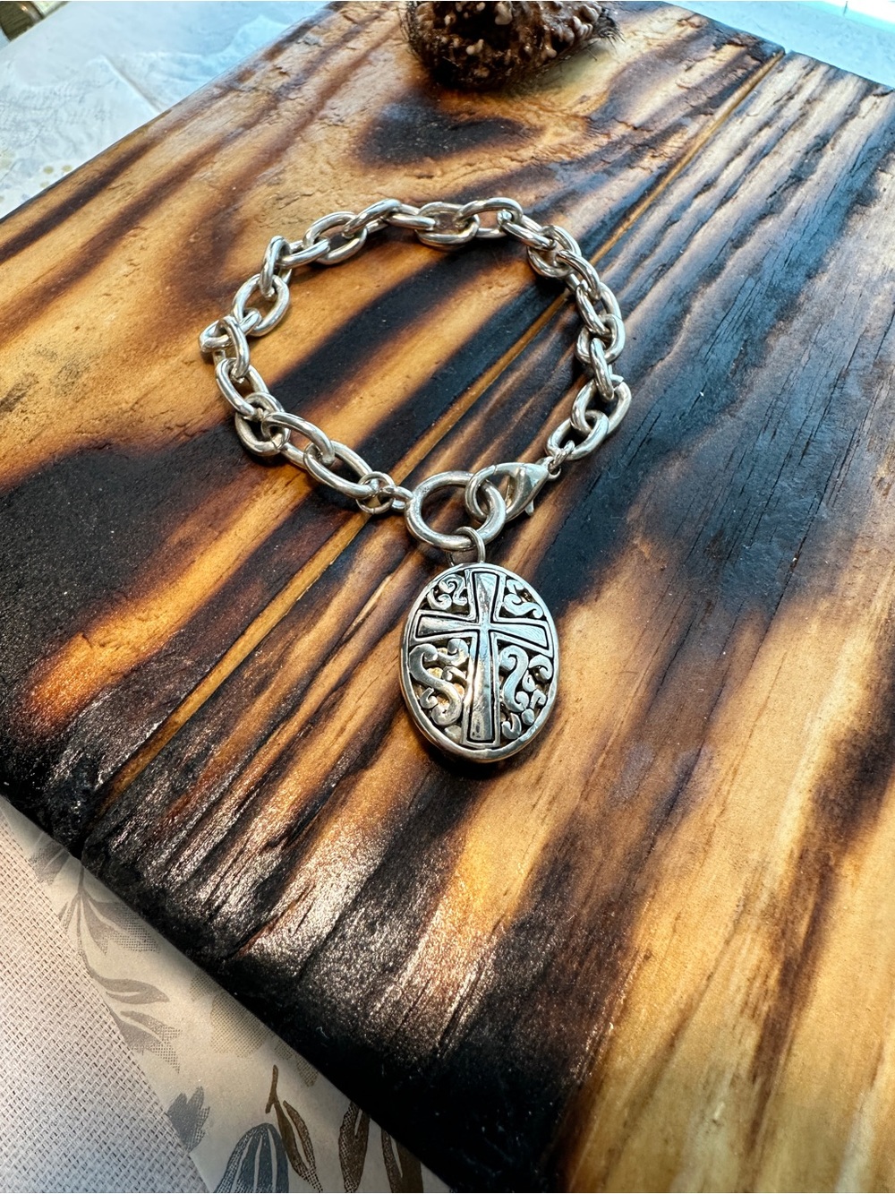 Sterling Silver Tone Cross Locket Charm Chain Bracelet - Silver
